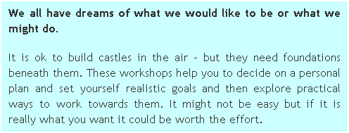 Text Box: We all have dreams of what we would like to be or what we might do. 
It is ok to build castles in the air  but they need foundations beneath them. These workshops help you to decide on a personal plan and set yourself realistic goals and then explore practical ways to work towards them. It might not be easy but if it is really what you want it could be worth the effort.
